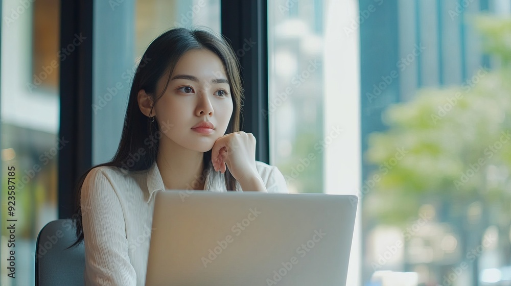 Thoughtful Businesswoman Working on Laptop Thoughtful Businesswoman Working on Laptop
