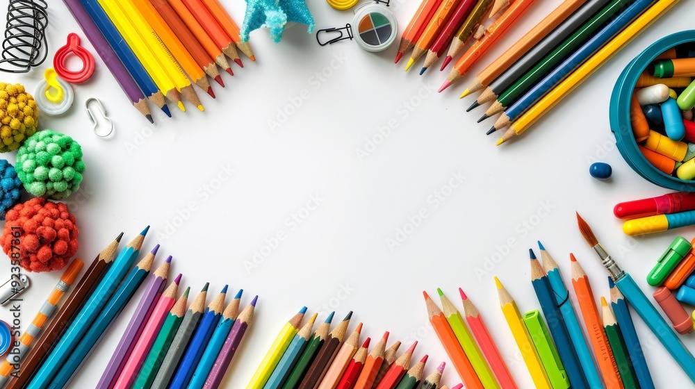 Fototapeta premium Colorful Education Back to School Background with Pencils, Crayons, and Art Supplies on White Surface