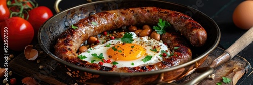 Traditional Breakfast Featuring Sucuk Sausage and Egg Served in a Copper Pan photo