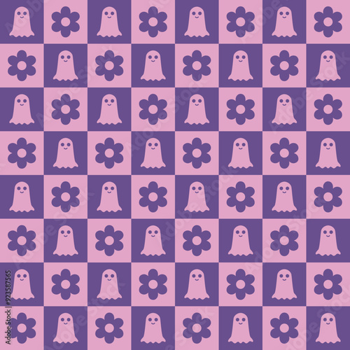 Whimsical pattern with pink ghosts and flowers on a purple background; perfect for playful, Halloween-themed designs. Ideal for textiles, wallpaper, and cheerful decorative prints
