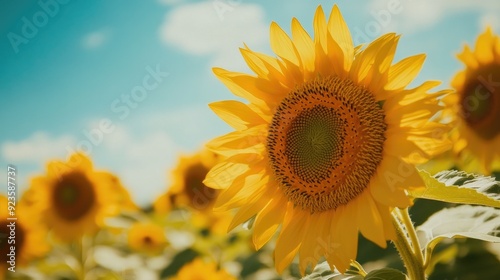 A close-up of a vibrant sunflower field under a bright blue sky, creating a cheerful and sunny background.