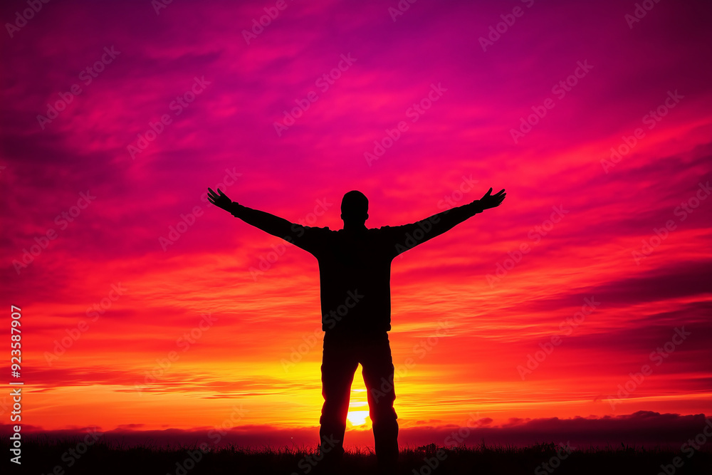 Silhouetted Man with Arms Outstretched at Vibrant Sunset, Embracing the Horizon Silhouetted Man with Arms Outstretched at Vibrant Sunset, Embracing the Horizon