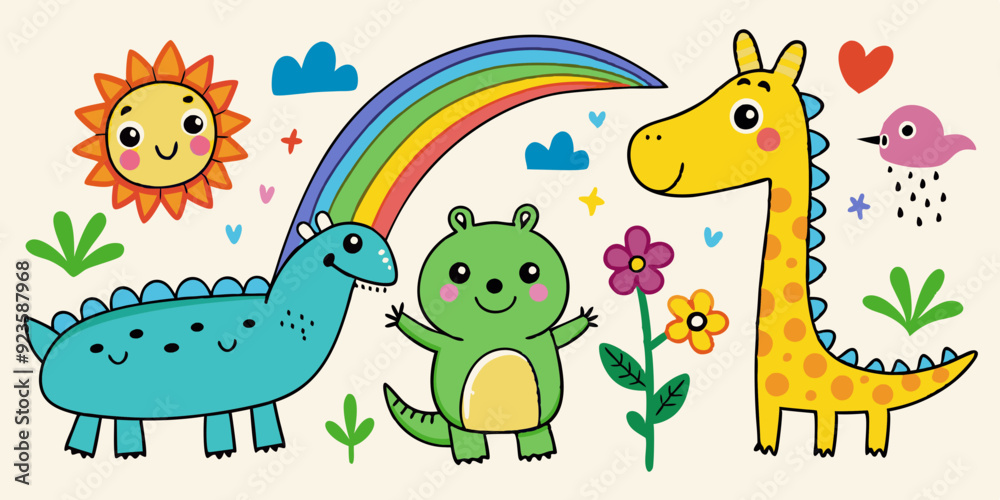 Obraz premium Kids drawing illustration, vector children color pencil naive doodle set, cute cartoon animals. Kindergarten funny wax crayon sketch, giraffe, crocodile, shark, rainbow, flower. Kids drawing clipart