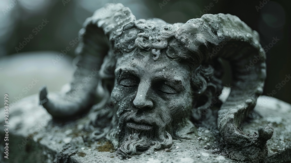 Stone sculpture of a horned figure surrounded by greenery in a tranquil garden setting Stone sculpture of a horned figure surrounded by greenery in a tranquil garden setting