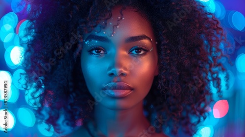 Young woman with curly hair posed against a vibrant bokeh background in blue and purple light