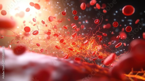 3D close-up of erythrocytes within an artery, detailed cellular structure, microbiology, high-definition, glowing red blood cells, realistic lighting, intricate textures