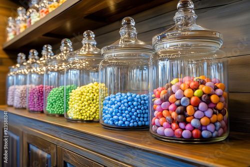 Colorful Candies in Glass Jars on Wooden Counter, Classic Candy Store Display photo