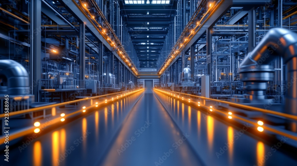 Industrial Powerhouse: A mesmerizing perspective down a vast industrial corridor, illuminated by warm, glowing lights, showcasing the intricate network of pipes, machinery, and structures that fuel mo Industrial Powerhouse: A mesmerizing perspective down a vast industrial corridor, illuminated by warm, glowing lights, showcasing the intricate network of pipes, machinery, and structures that fuel mo