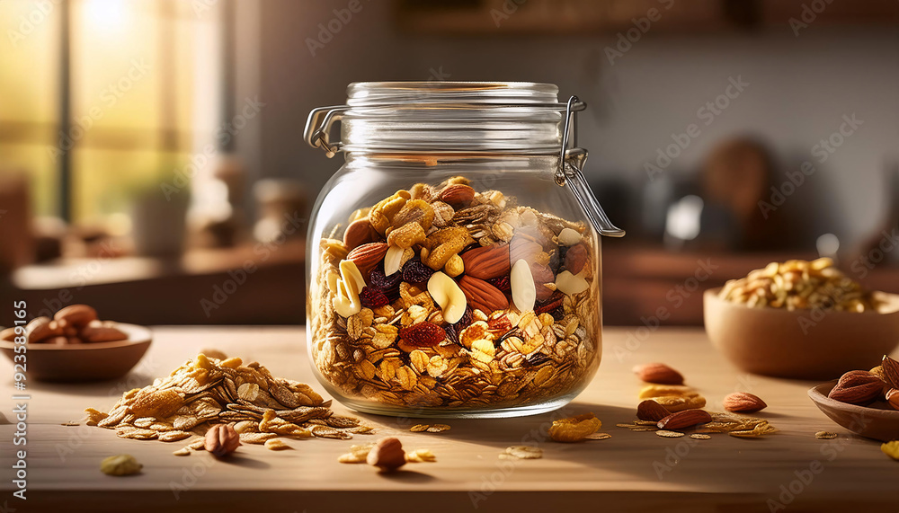 Sunlit kitchen with a jar of granola mix on a wooden table