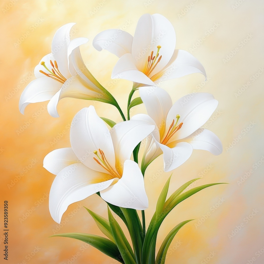 Naklejka premium Beautiful white lilies bloom gracefully against a soft golden background in springtime light