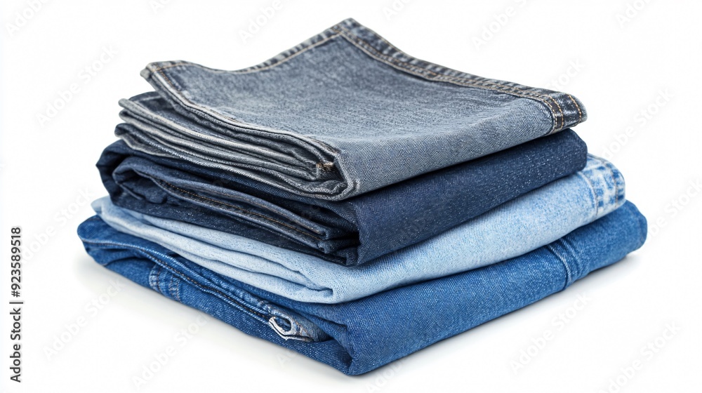 Variety of neatly folded jeans stack isolated on white background Variety of neatly folded jeans stack isolated on white background