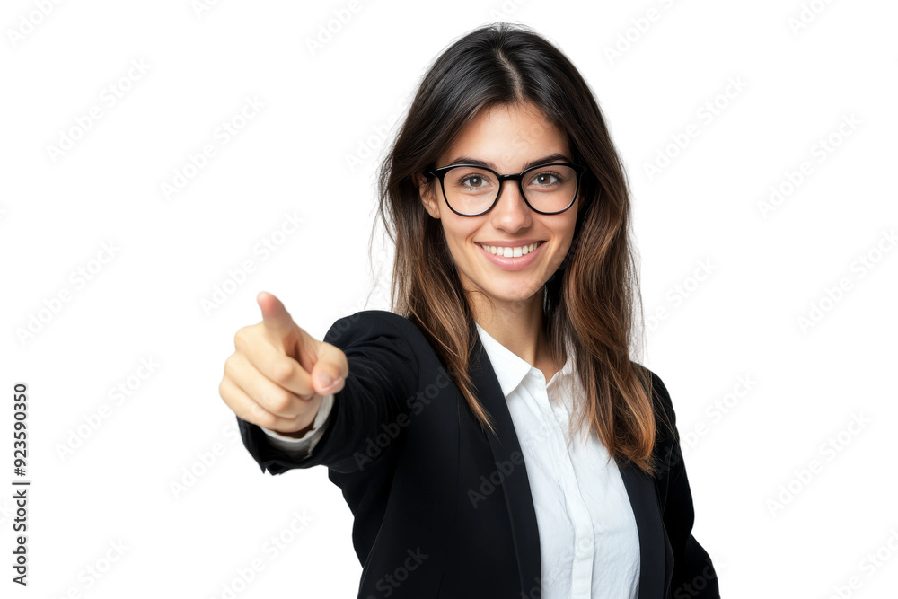 A happy woman in professional attire smiles and points directly at the viewer, exuding confidence and approachability A happy woman in professional attire smiles and points directly at the viewer, exuding confidence and approachability