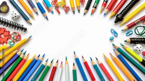 Colorful Education Back to School Background with Pencils, Crayons, and School Supplies on White