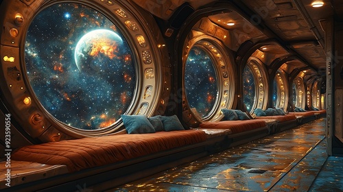 Fototapeta Naklejka Na Ścianę i Meble -  vintage spaceship interior Interplanetary cruise ship star-filled window views