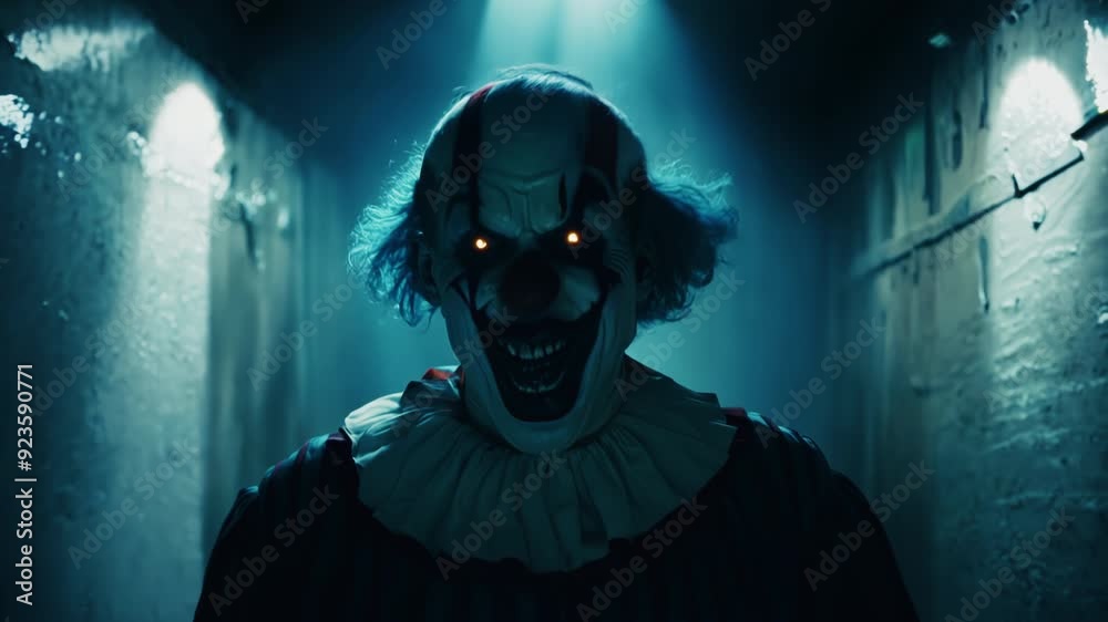 Very creepy clown with sharp teeth and glowing eyes walking towards the camera. Cinematic horror movie clip. Frightening Halloween theme. Killer wearing a mask. 