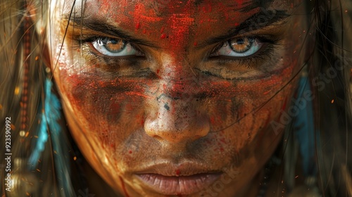 Native woman adorned with tribal paint gazes intensely during a cultural celebration in nature