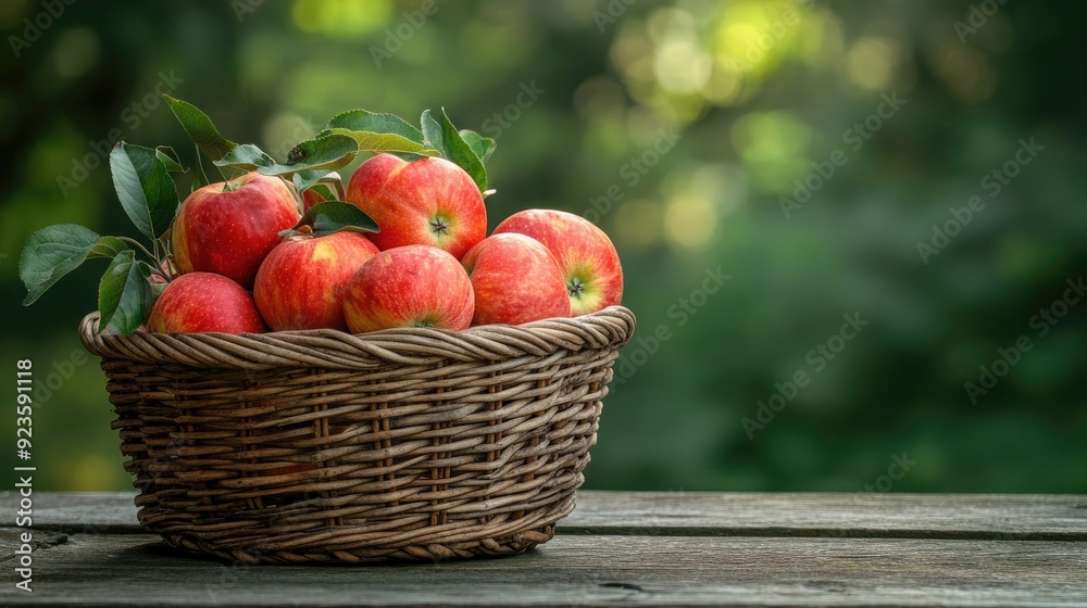 A rustic wicker basket overflowing with freshly picked red apples, set on a wooden table outdoors. A rustic wicker basket overflowing with freshly picked red apples, set on a wooden table outdoors.