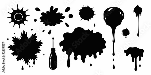 Ink splatter set, paint brush stroke kit, vector black grunge stain, graffiti texture liquid splash. Abstract dirty blob, messy shape drawing collection isolated on white. Ink splatter print element