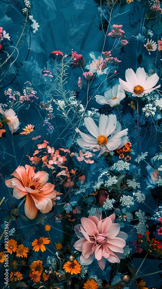 Fototapeta premium Digital sea surrounded by flowers illustration poster background