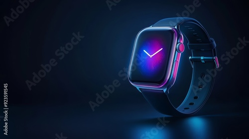 Neon Pulse: A sleek smartwatch glows against a dark backdrop, its vibrant display hinting at futuristic connectivity and innovation. 