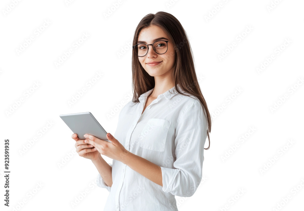 A young businesswoman smiles as she holds a tablet, exuding confidence and professionalism in a bright environment A young businesswoman smiles as she holds a tablet, exuding confidence and professionalism in a bright environment