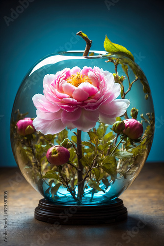 A double exposure that combines a peony and a glass apple. The peony is located inside a translucent glass apple figure