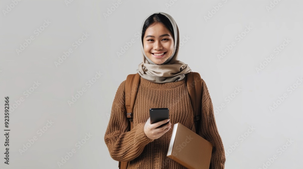 Smiling Asian Muslim schoolgirl in brown sweater with backpack holding books and mobile phone, isolated on white background. Smiling Asian Muslim schoolgirl in brown sweater with backpack holding books and mobile phone, isolated on white background.