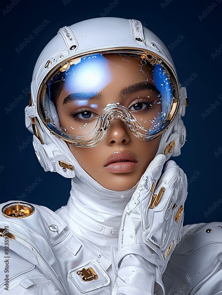 portrait of a person wearing helmet and goggles Space fashion show futuristic couture in microgravity portrait of a person wearing helmet and goggles Space fashion show futuristic couture in microgravity