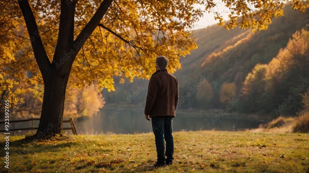 strong man stands against the backdrop of a beautiful autumn landscape strong man stands against the backdrop of a beautiful autumn landscape