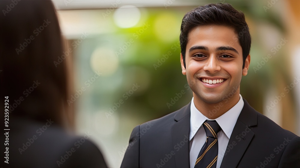 A smiling Indian businessman shaking hands with a colleague in a professional setting. A smiling Indian businessman shaking hands with a colleague in a professional setting.