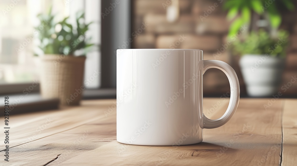 Empty white coffee mug on a wooden table near plants in a cozy kitchen setting Empty white coffee mug on a wooden table near plants in a cozy kitchen setting