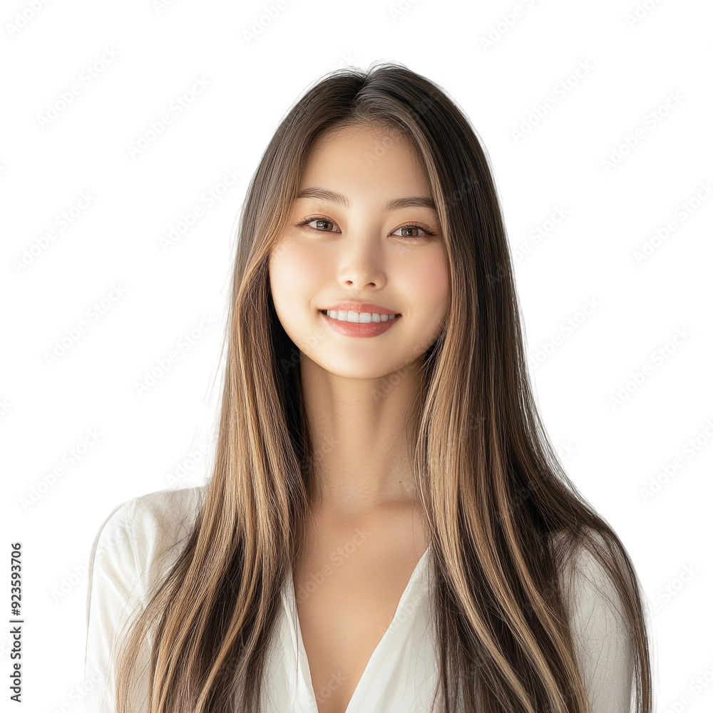 A joyful Korean woman with long straight hair smiles warmly in a bright indoor space A joyful Korean woman with long straight hair smiles warmly in a bright indoor space
