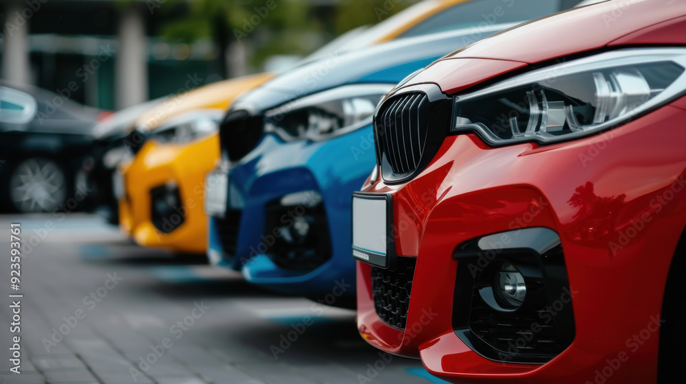 Obraz premium A row of colorful sports cars, including red, blue, and yellow, parked side by side, showcasing vibrant automotive design.