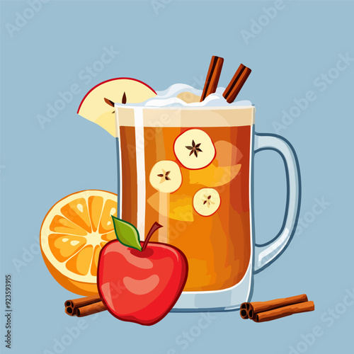 Apple Cider flat cartoon illustration isolated on light blue background. World cider Day vector. Hot drink with apple, orange, cinnamon isolated. EPS 10