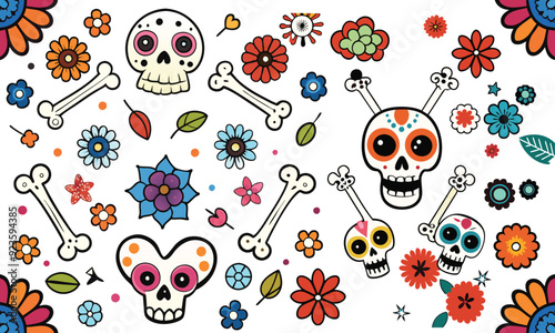 Seamless pattern with Mexican skulls and ethnic attributes illustrator vector.