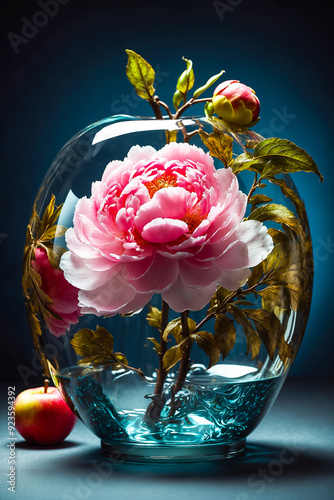 A double exposure that combines a peony and a glass apple. The peony is located inside a translucent glass apple figure