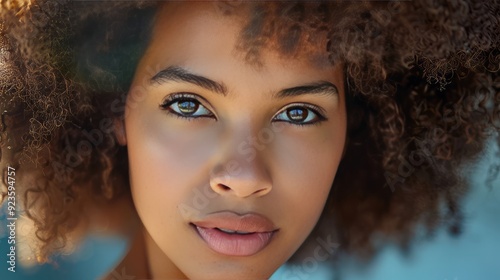 Close-up portrait of a young woman with brown curly hair, looking directly at the camera.