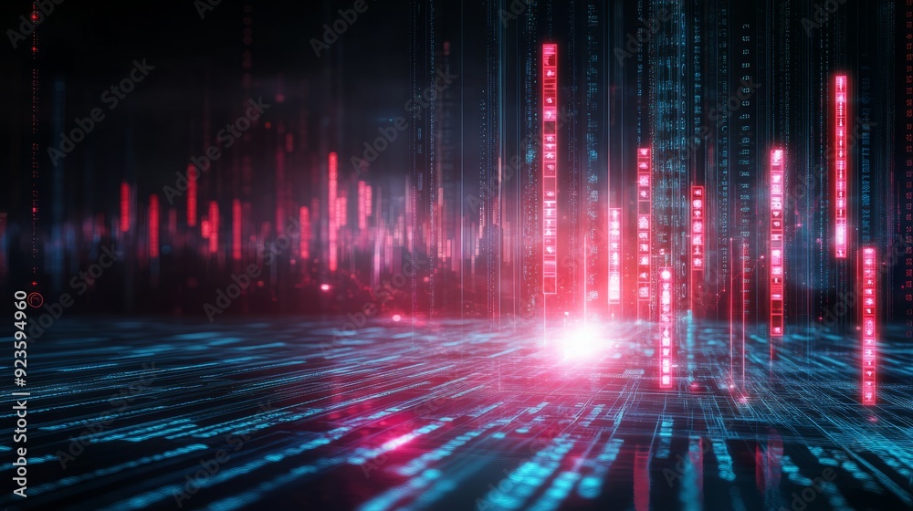 Digital Rain of Data: A futuristic cityscape of binary code, illuminated by glowing red data streams, representing the flow of information in the digital age. Digital Rain of Data: A futuristic cityscape of binary code, illuminated by glowing red data streams, representing the flow of information in the digital age.