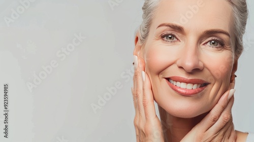 Smiling mature woman with gray hair touching her face.