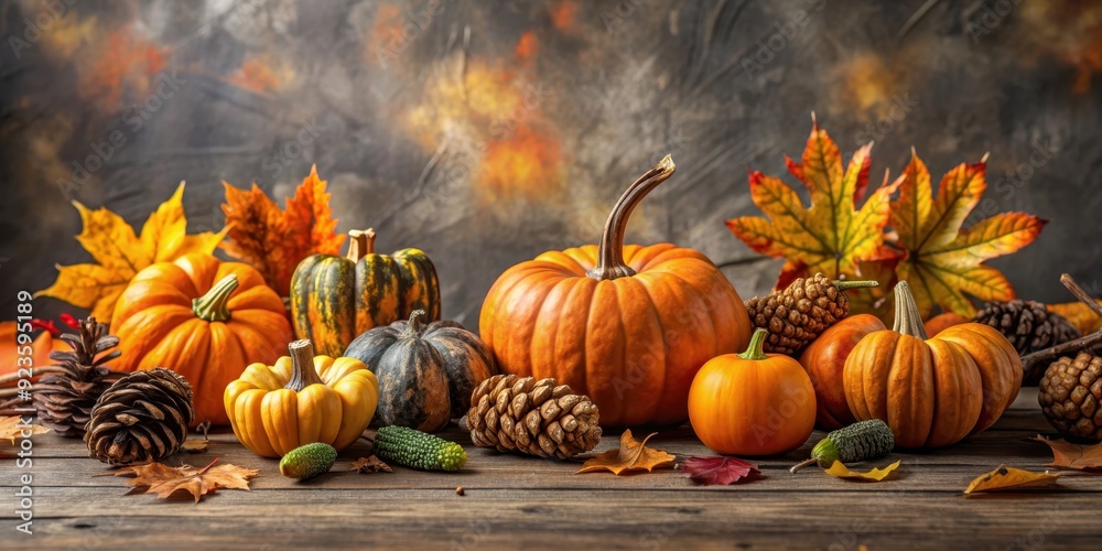 A beautifully arranged autumn still life with pumpkins, gourds, pine cones, and fallen leaves , fall, harvest