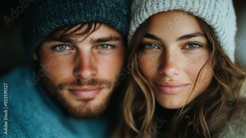 A happy couple in beanies pose close together, exuding warmth and love, beautifully captured in this close-up portrait highlighting their strong bond and serenity.