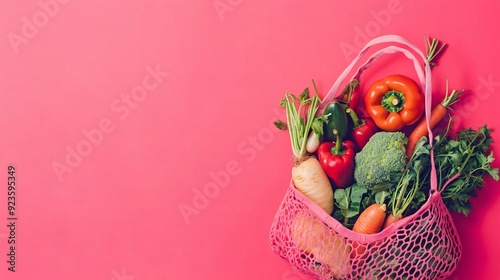 Vibrant String Bag with Various Fresh Vegetables on Bright Pink Background