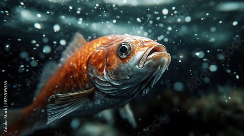 A vibrant orange fish swims among bubbles in an underwater scene, exuding motion and life as it navigates through its aquatic environment, highlighted in high resolution.