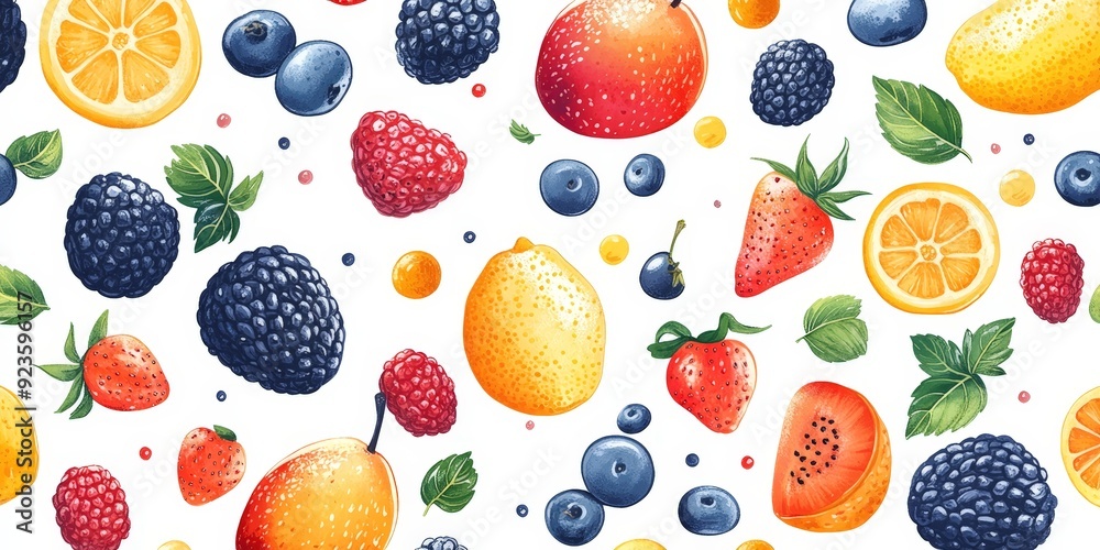 Colorful seamless pattern of vibrant fruits, creative and fresh design for textiles Colorful seamless pattern of vibrant fruits, creative and fresh design for textiles