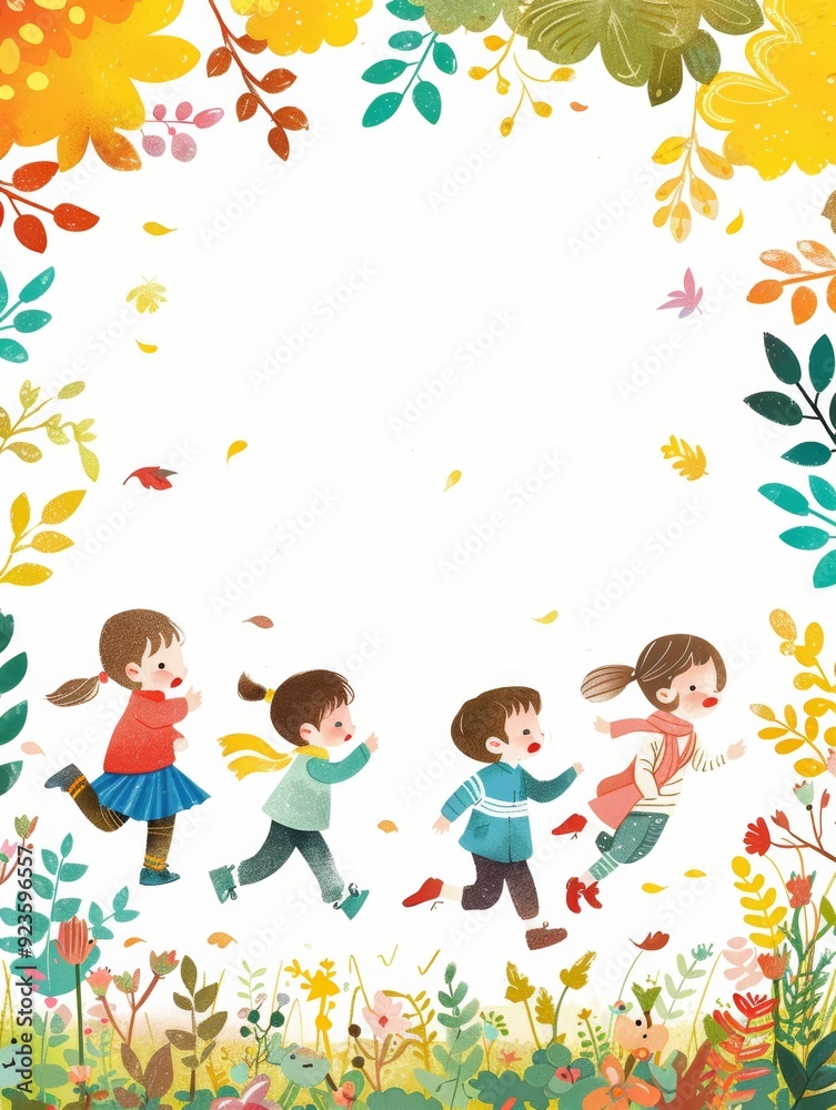 Colorful Back to School Frame Background with Children Running and Autumn Leaves Colorful Back to School Frame Background with Children Running and Autumn Leaves