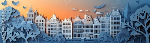 Paper cutout skyline of European buildings with trees and birds at sunset, featuring intricate details and vibrant colors. photo