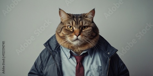 Big fat anthropomorphic cat with huge belly posing in a jacket unhealthy eating, diet background.