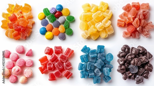 Colorful assortment of gummy candies arranged in neat piles on a white background photo