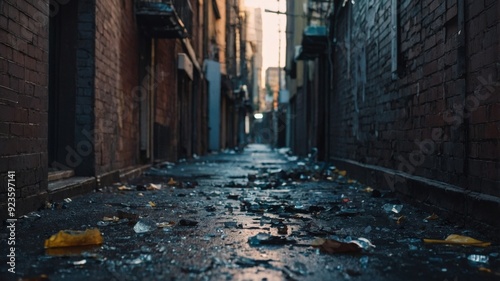 A grimy and neglected alley with shattered glass and tered debris hinting at a previous violent encounter. photo