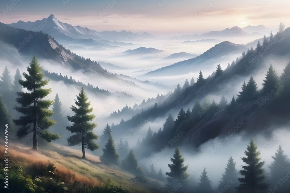 Misty mountain landscape with pine trees at sunrise. Misty mountain landscape with pine trees at sunrise.